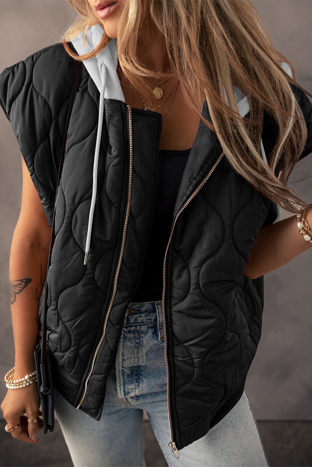 Drawstring Zip Up Hooded Vest Coat - Dear Autumn