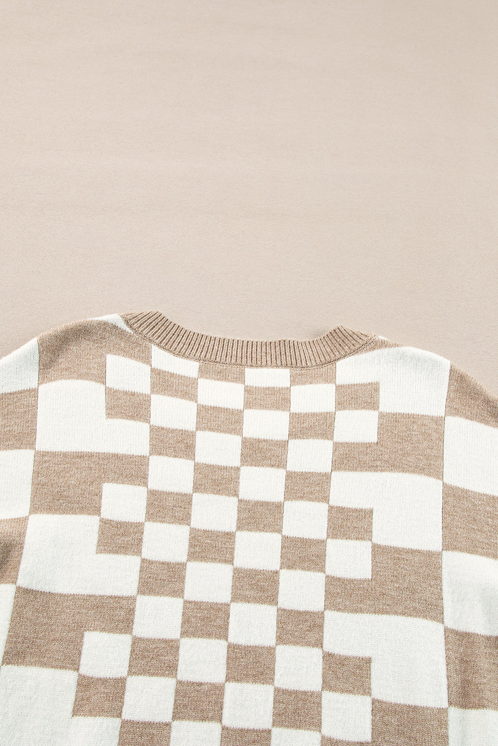 Khaki Checkered Drop Shoulder Round Neck Sweater - Dear Autumn