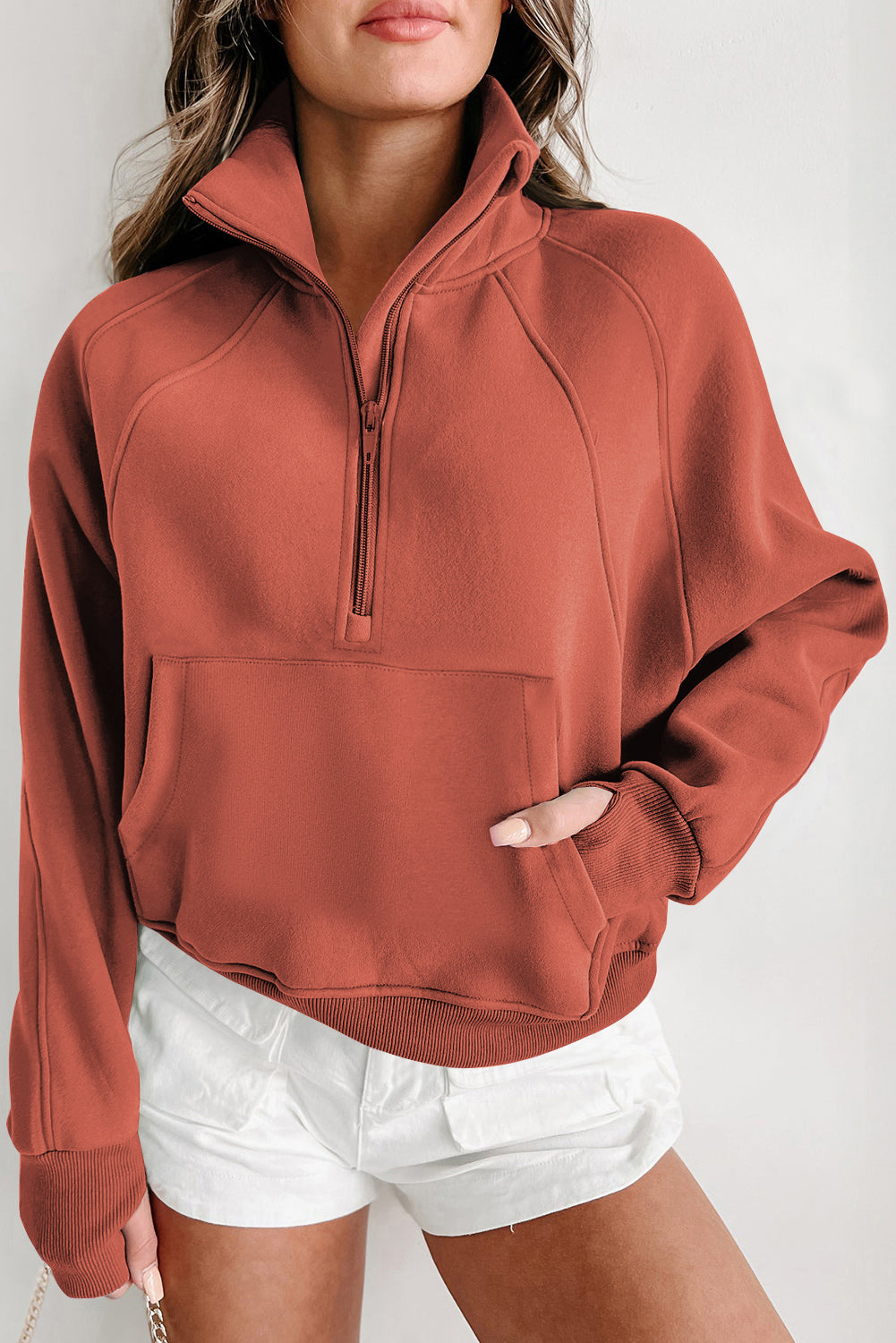 Elegant Green Zip Up Sweatshirt with Thumbhole Sleeves