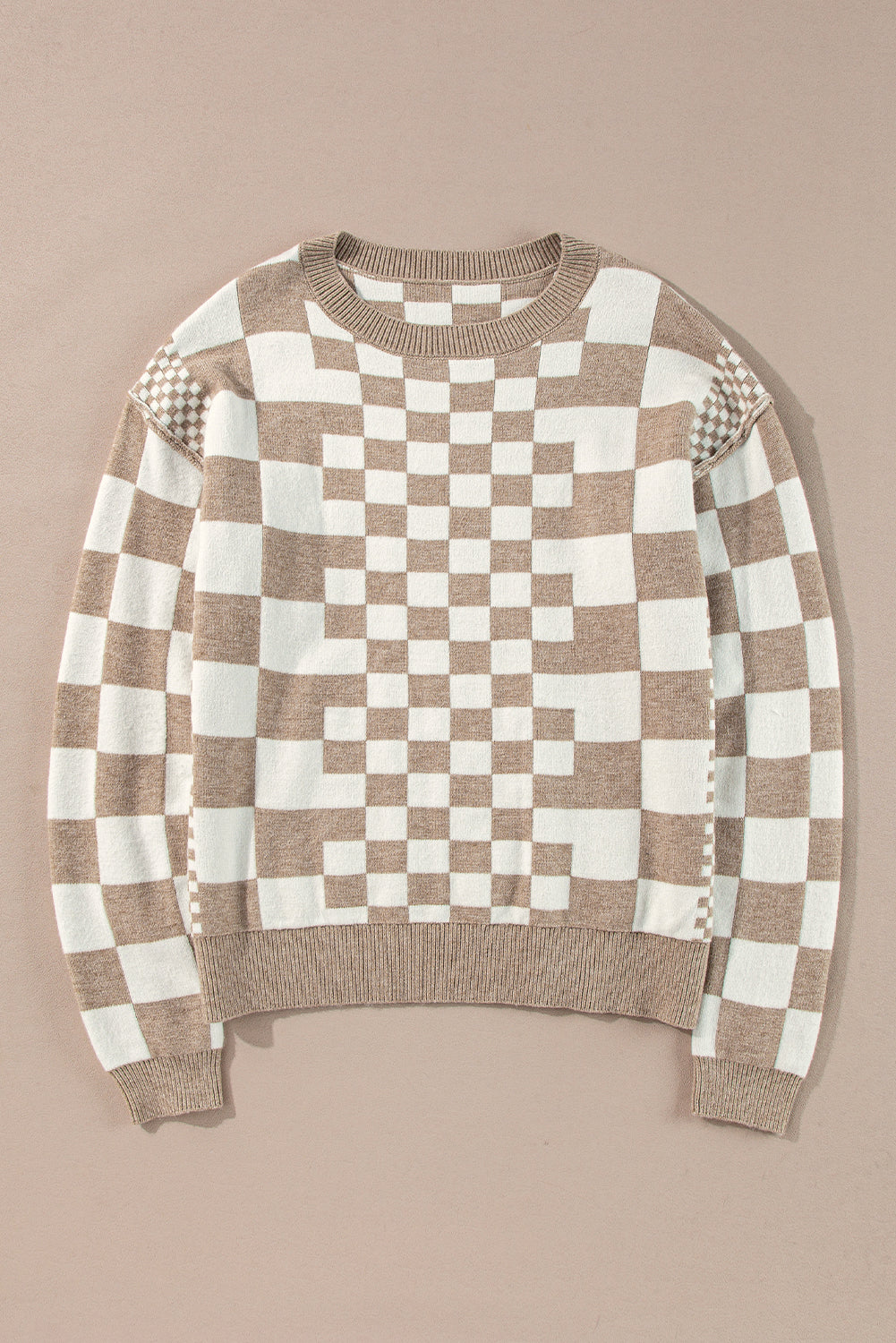 Khaki Checkered Drop Shoulder Round Neck Sweater - Dear Autumn