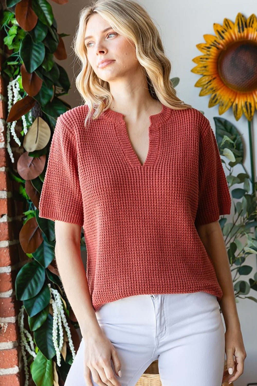 First Love Notched Short Sleeve Knit Top - Dear Autumn