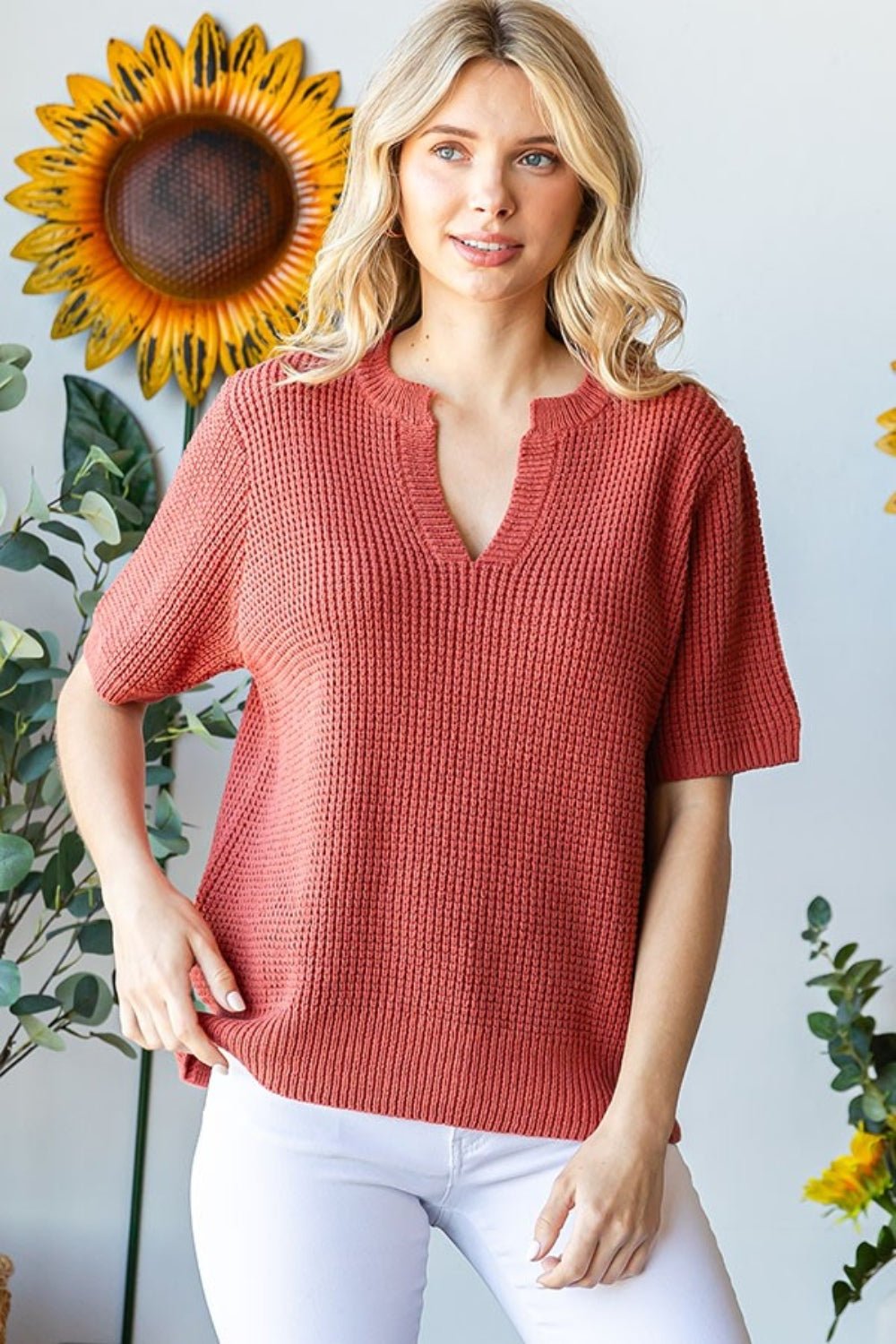 First Love Notched Short Sleeve Knit Top - Dear Autumn