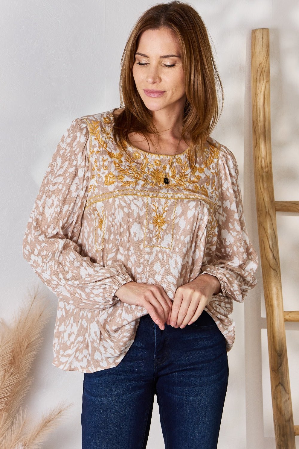 Hailey & Co Embroidered Printed Balloon Sleeve Blouse - Dear Autumn