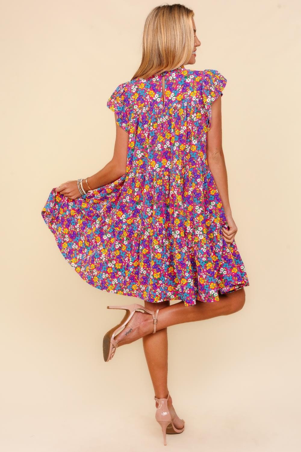 Haptics Frilled Mock Neck Ditsy Floral Dress - Dear Autumn