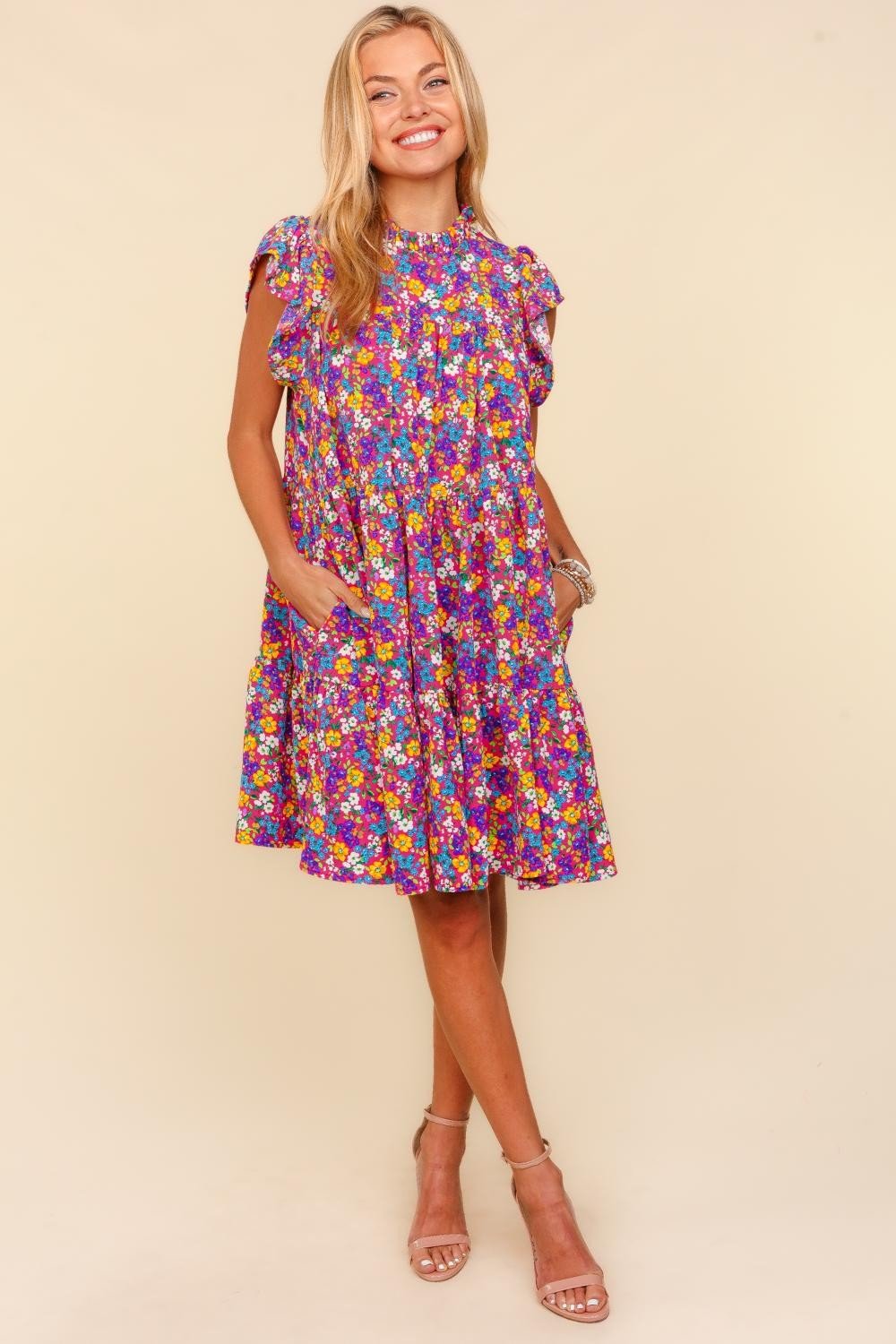 Haptics Frilled Mock Neck Ditsy Floral Dress - Dear Autumn