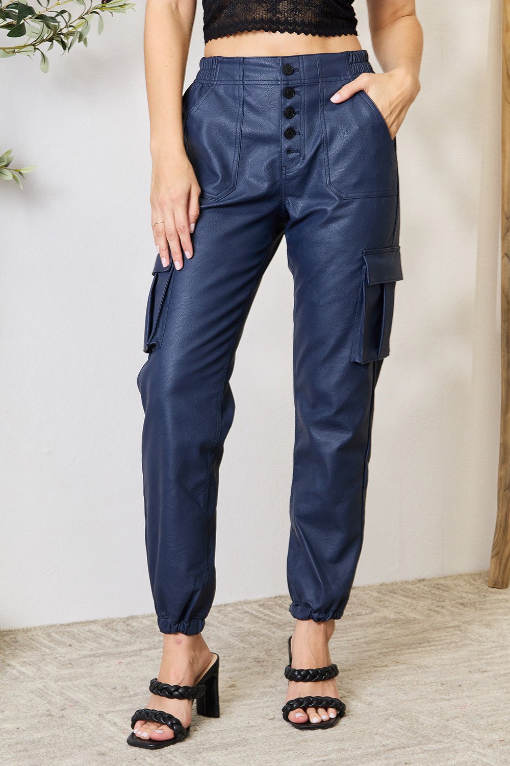 Kancan High Waist Faux Leather Cargo Joggers - Dear Autumn