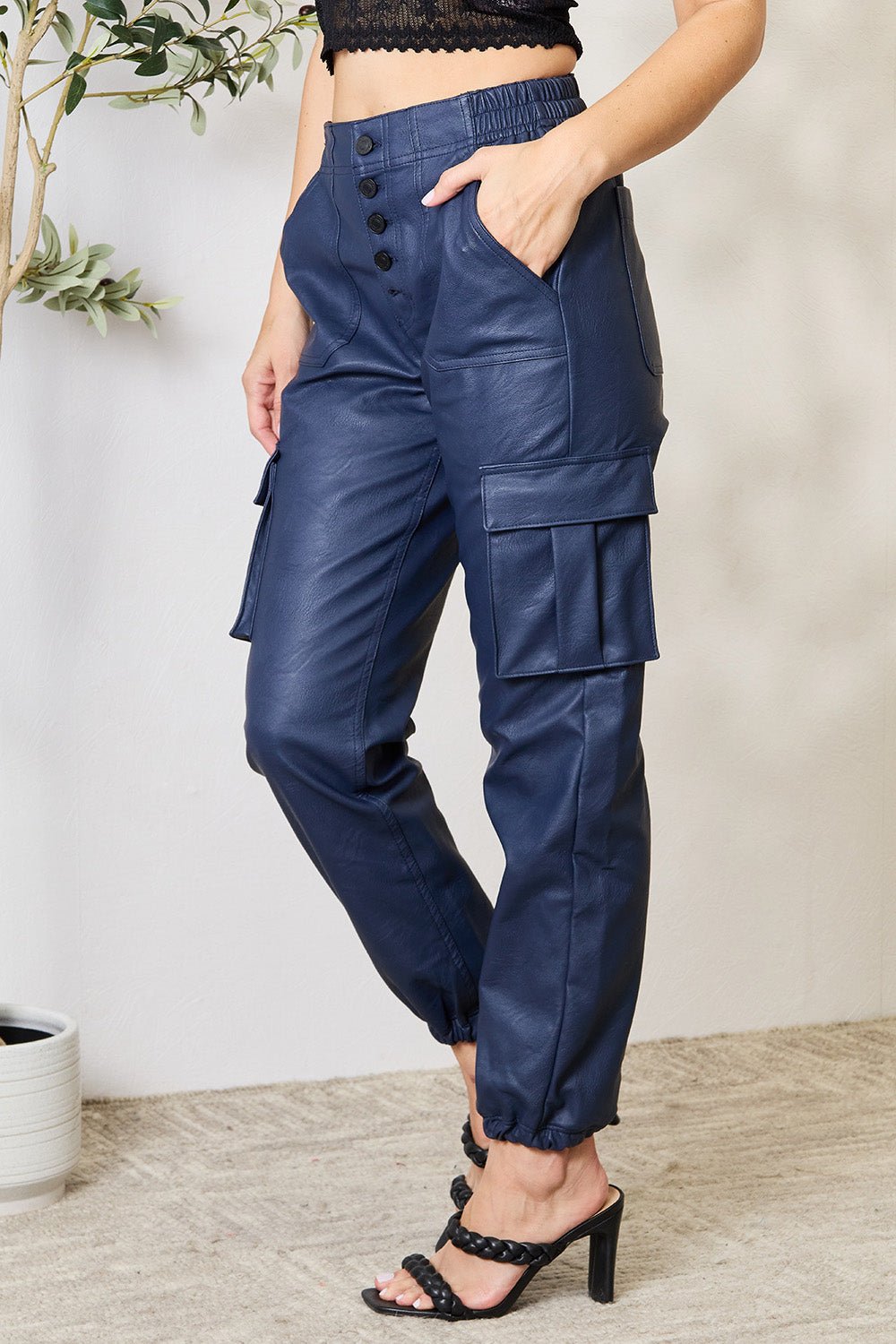 Kancan High Waist Faux Leather Cargo Joggers - Dear Autumn