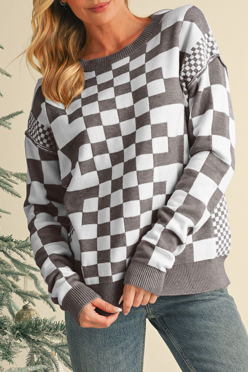 Khaki Checkered Drop Shoulder Round Neck Sweater - Dear Autumn