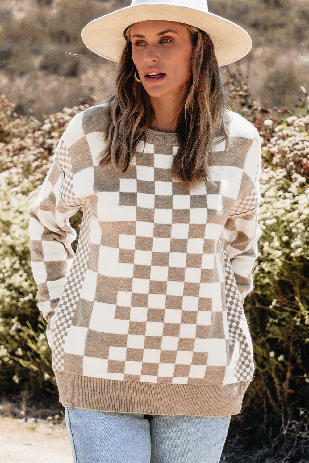 Khaki Checkered Drop Shoulder Round Neck Sweater - Dear Autumn