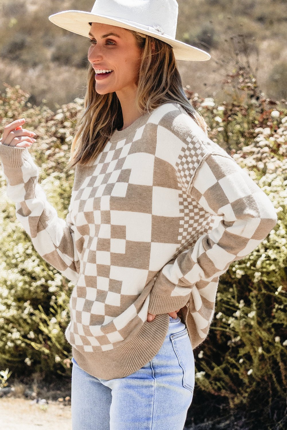 Khaki Checkered Drop Shoulder Round Neck Sweater - Dear Autumn