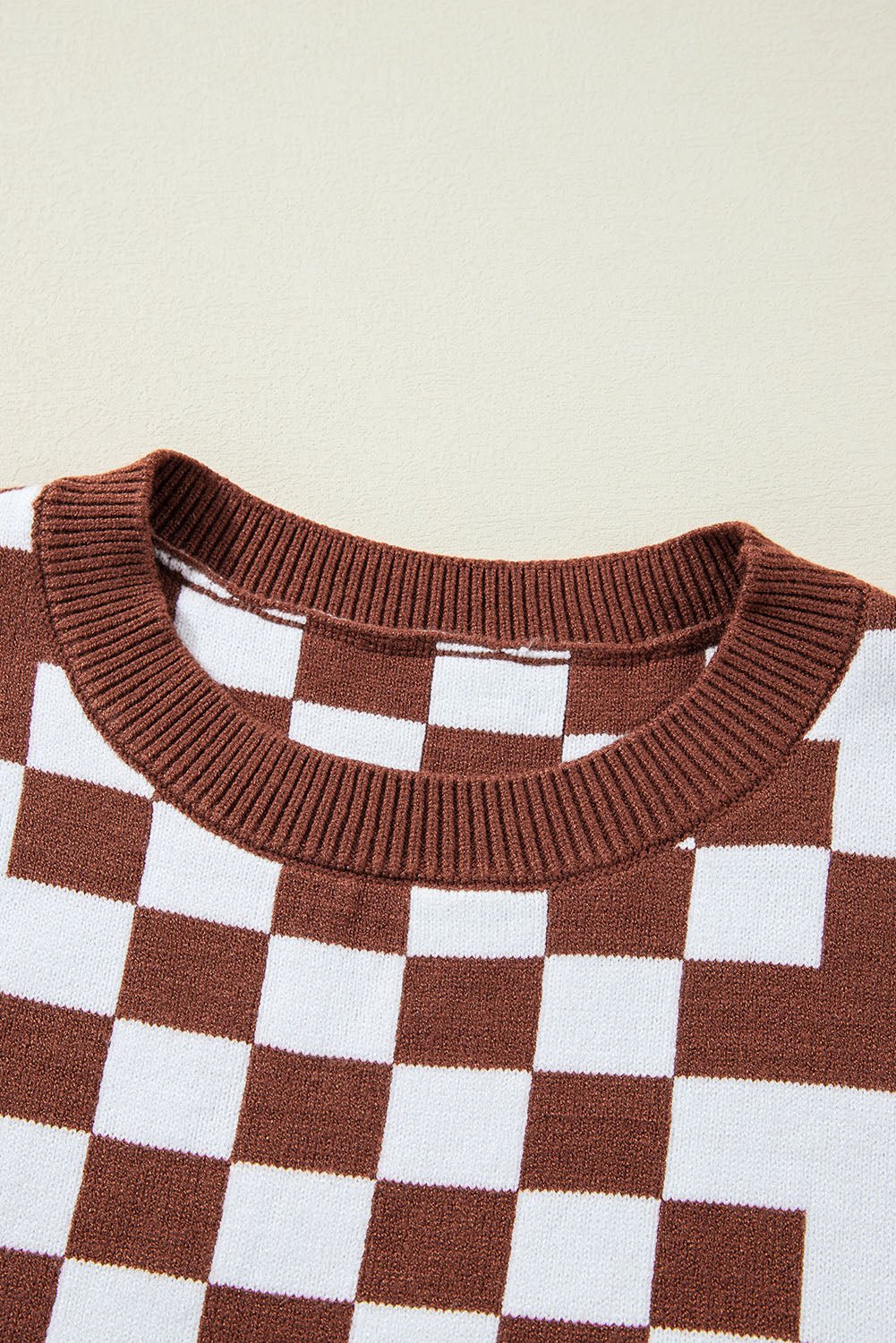 Khaki Checkered Drop Shoulder Round Neck Sweater - Dear Autumn