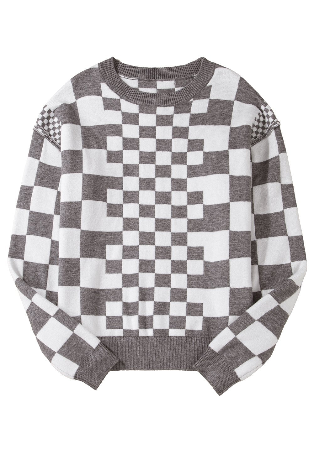 Khaki Checkered Drop Shoulder Round Neck Sweater - Dear Autumn