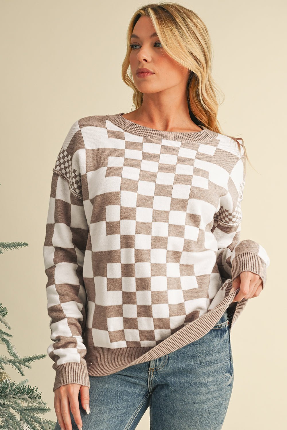 Khaki Checkered Drop Shoulder Round Neck Sweater - Dear Autumn