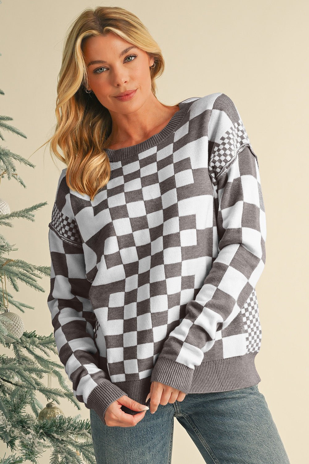 Khaki Checkered Drop Shoulder Round Neck Sweater - Dear Autumn