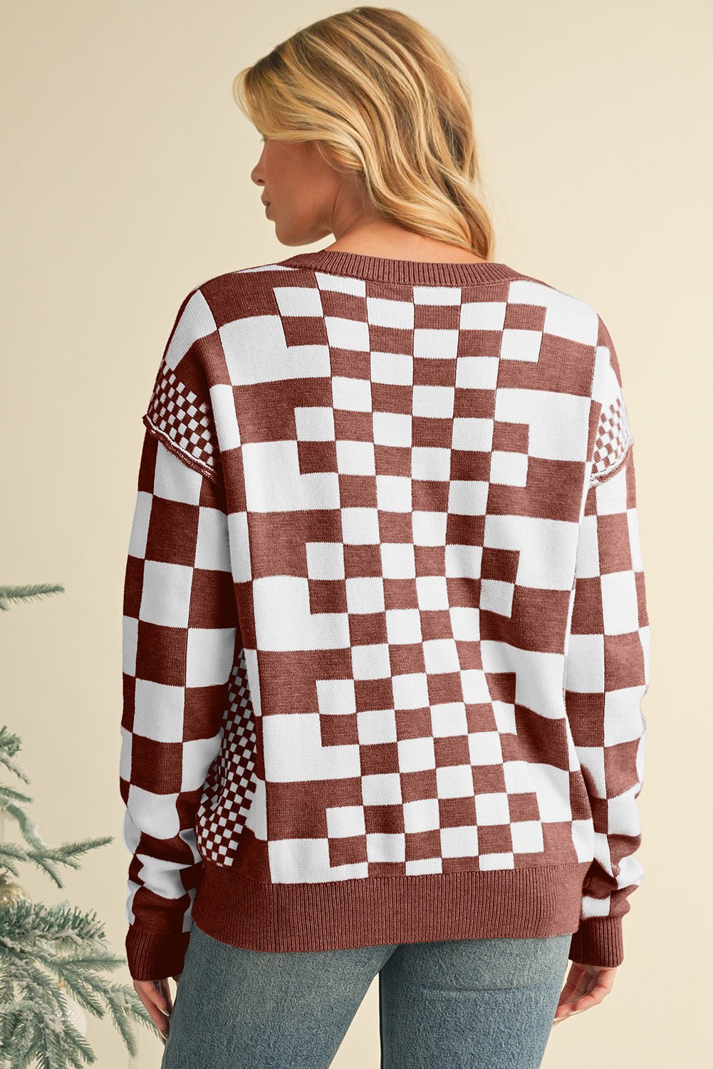 Khaki Checkered Drop Shoulder Round Neck Sweater - Dear Autumn