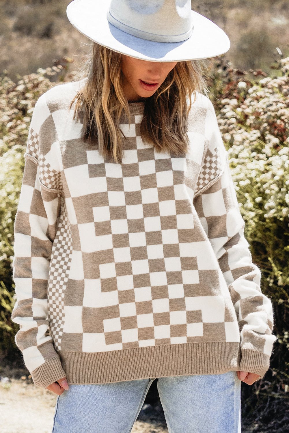 Khaki Checkered Drop Shoulder Round Neck Sweater - Dear Autumn