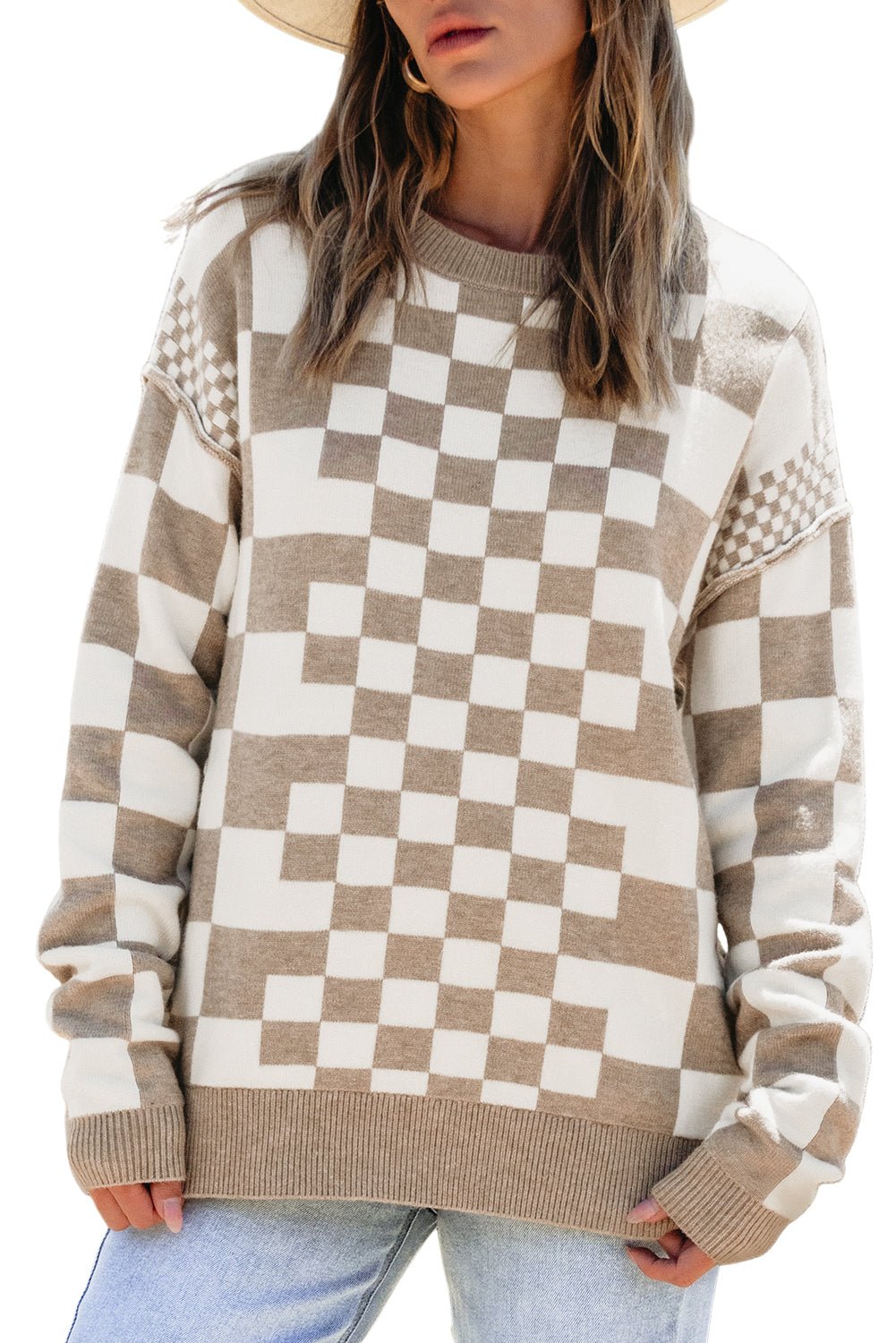 Khaki Checkered Drop Shoulder Round Neck Sweater - Dear Autumn