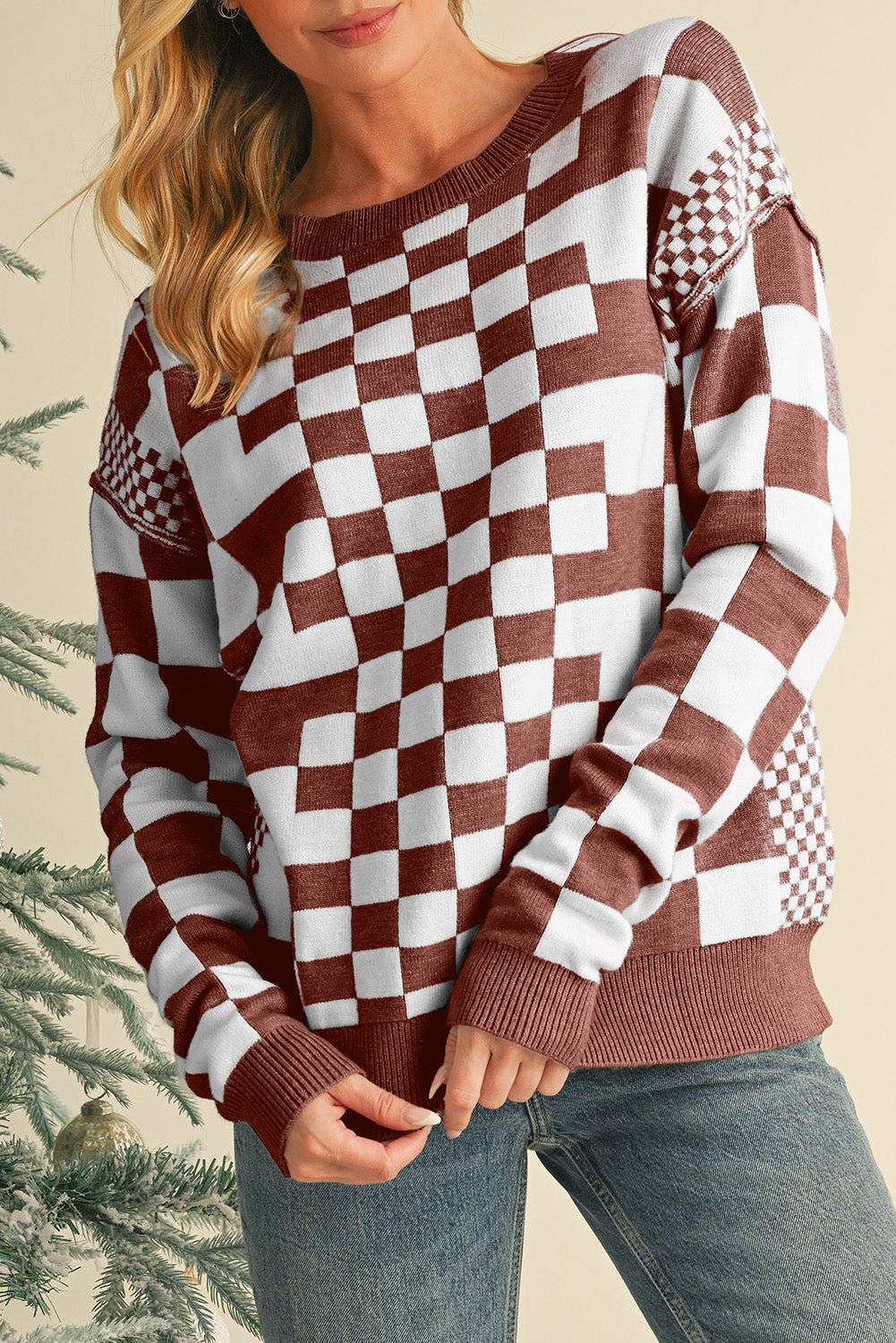 Khaki Checkered Drop Shoulder Round Neck Sweater - Dear Autumn