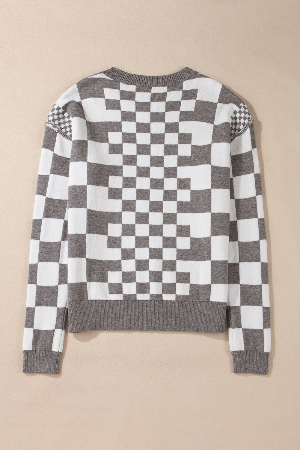 Khaki Checkered Drop Shoulder Round Neck Sweater - Dear Autumn