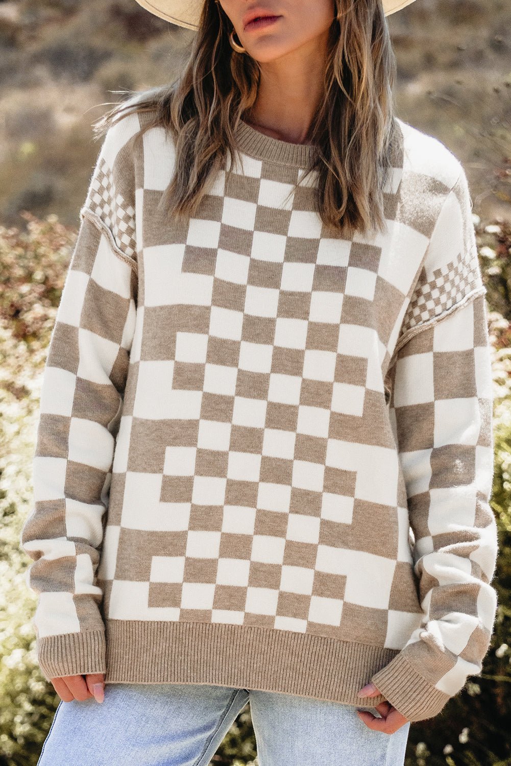 Khaki Checkered Drop Shoulder Round Neck Sweater - Dear Autumn