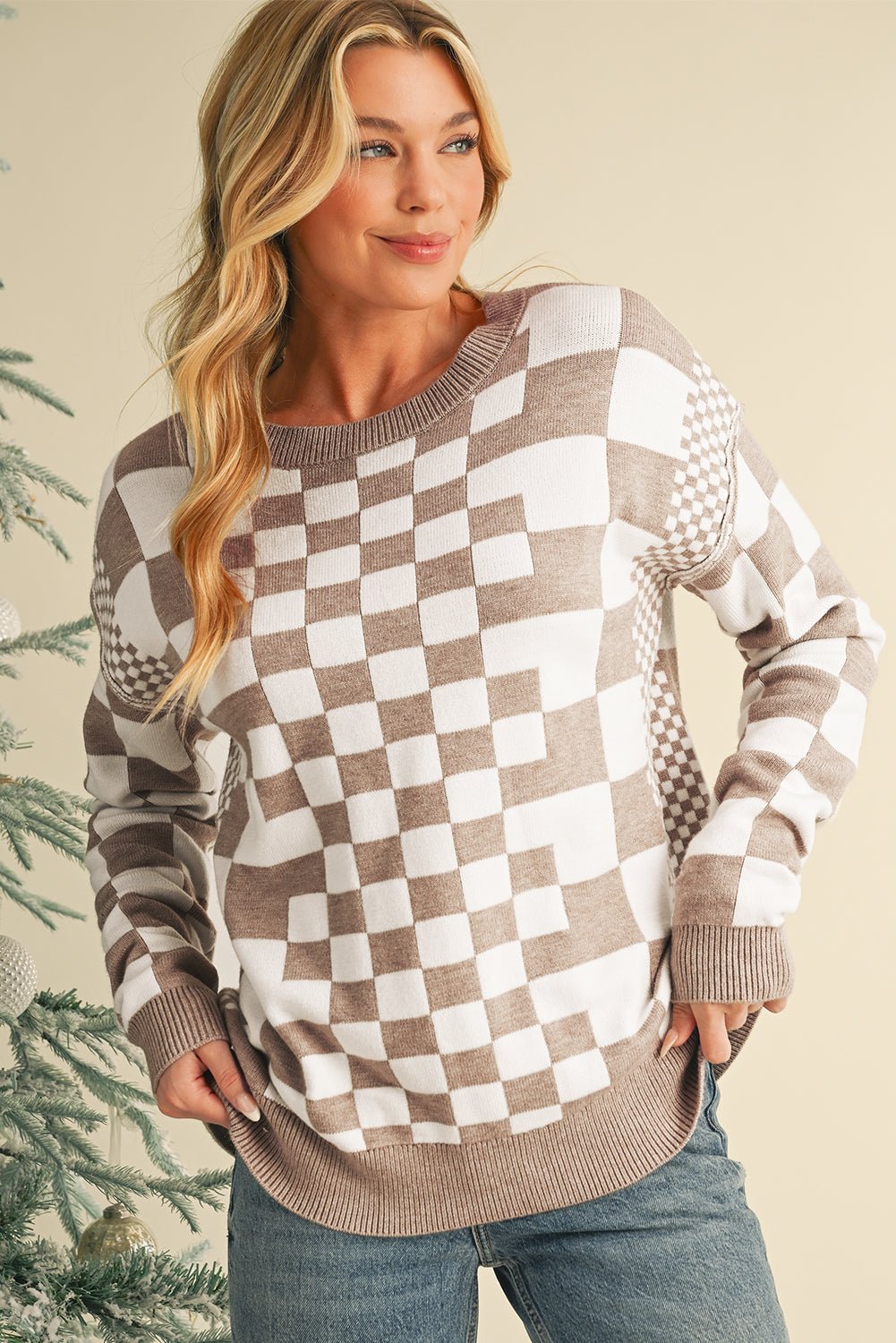 Khaki Checkered Drop Shoulder Round Neck Sweater - Dear Autumn