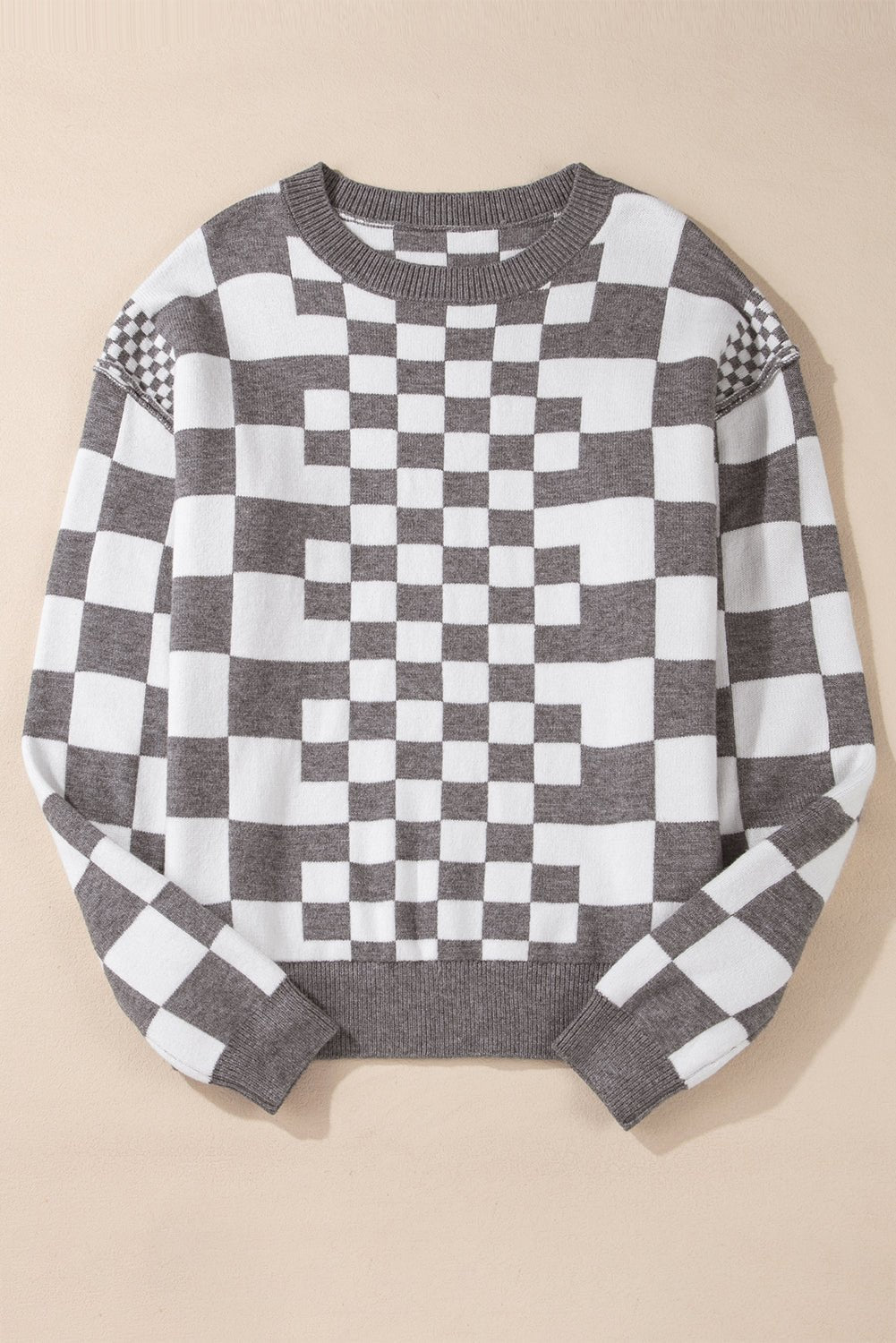 Khaki Checkered Drop Shoulder Round Neck Sweater - Dear Autumn