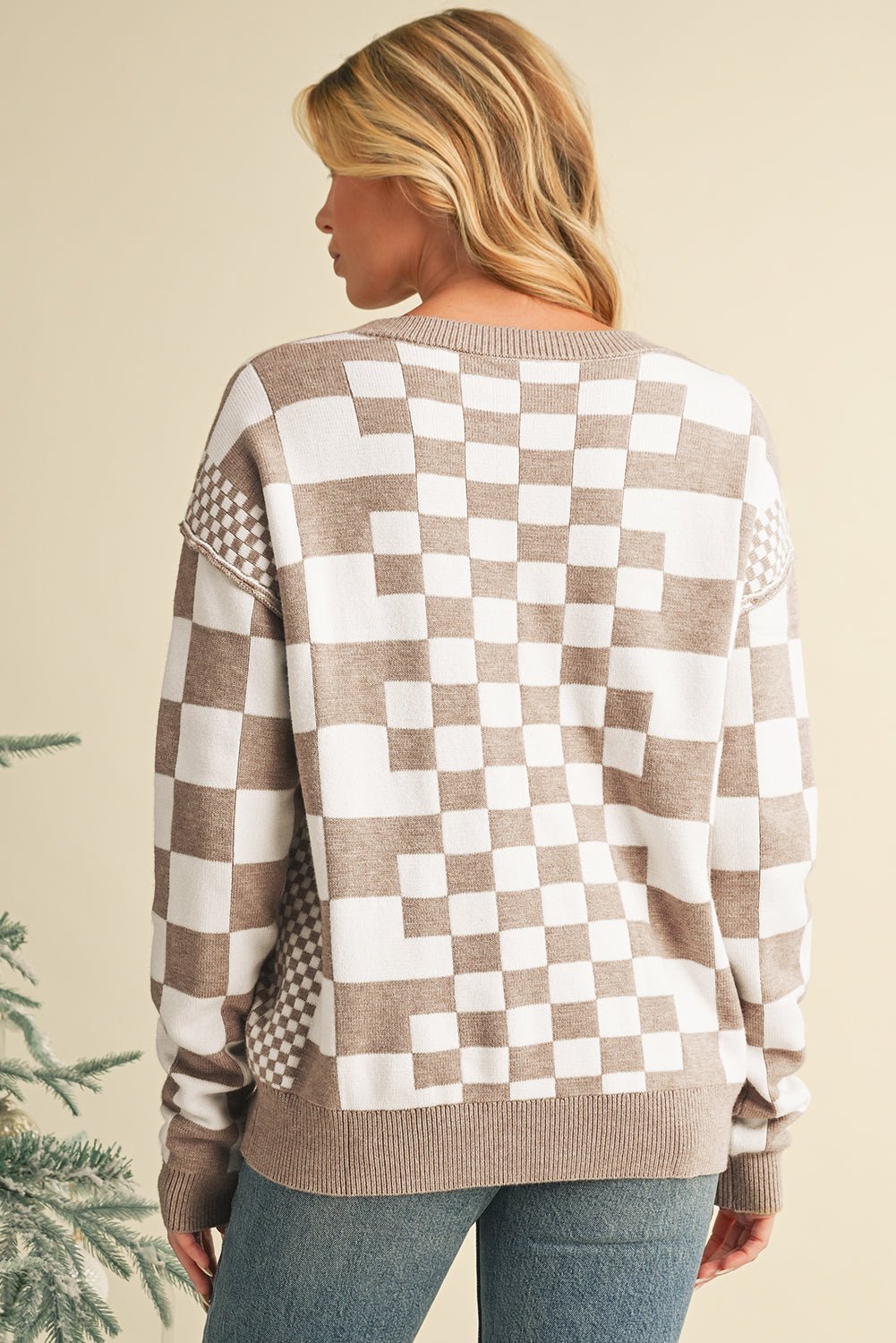 Khaki Checkered Drop Shoulder Round Neck Sweater - Dear Autumn