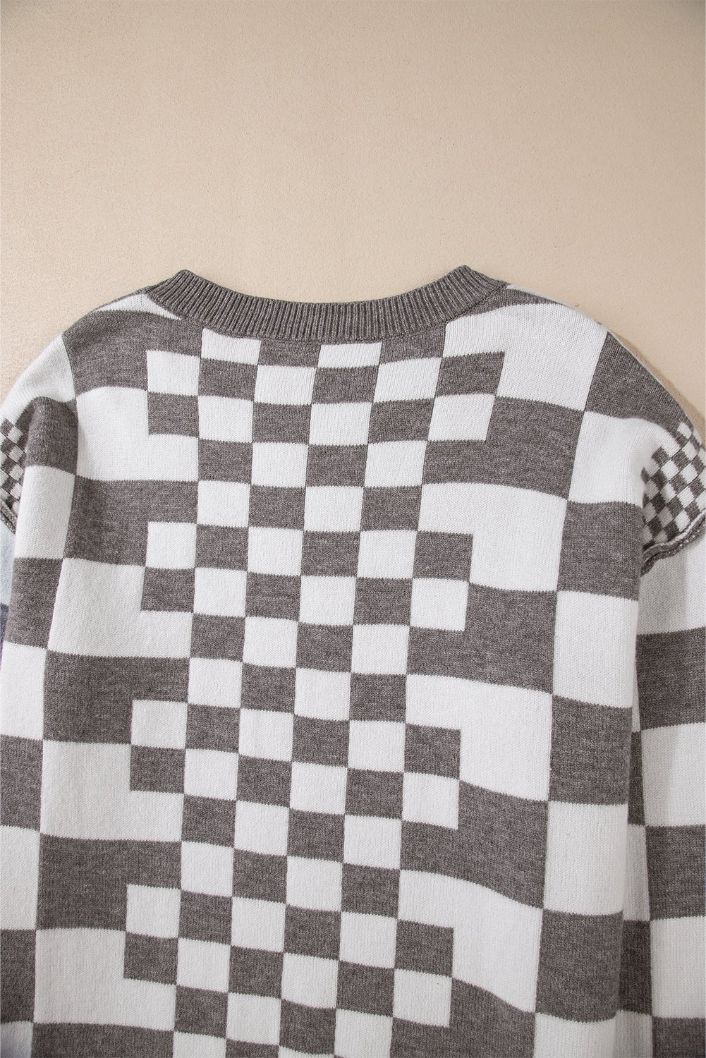 Khaki Checkered Drop Shoulder Round Neck Sweater - Dear Autumn