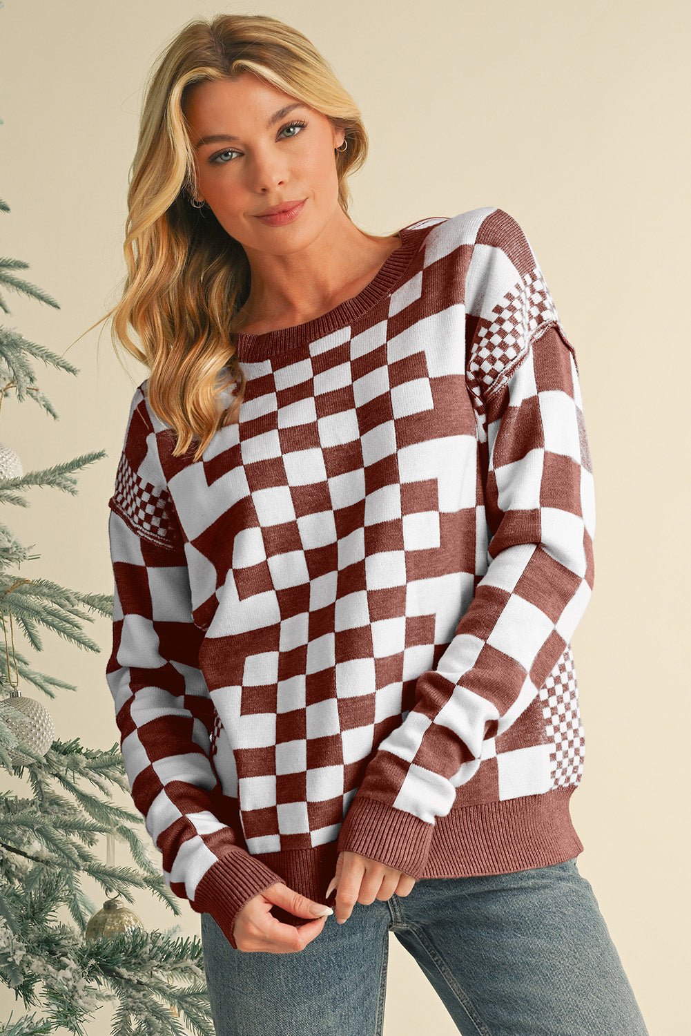 Khaki Checkered Drop Shoulder Round Neck Sweater - Dear Autumn