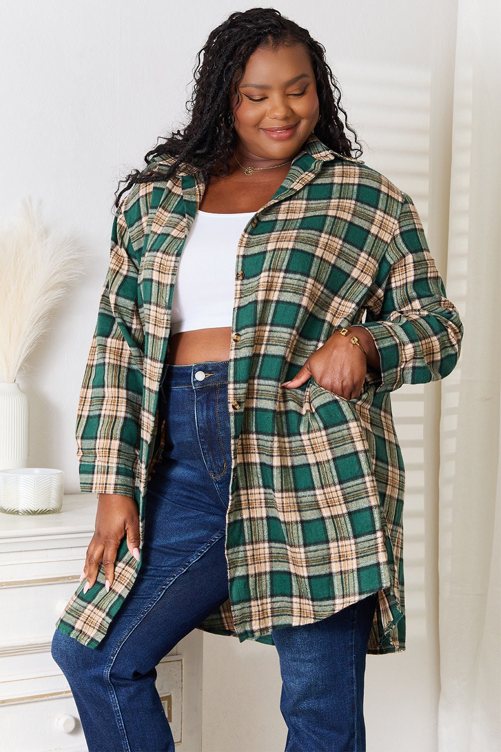 Mandy Plaid Collared Neck Long Sleeve Shirt - Dear Autumn