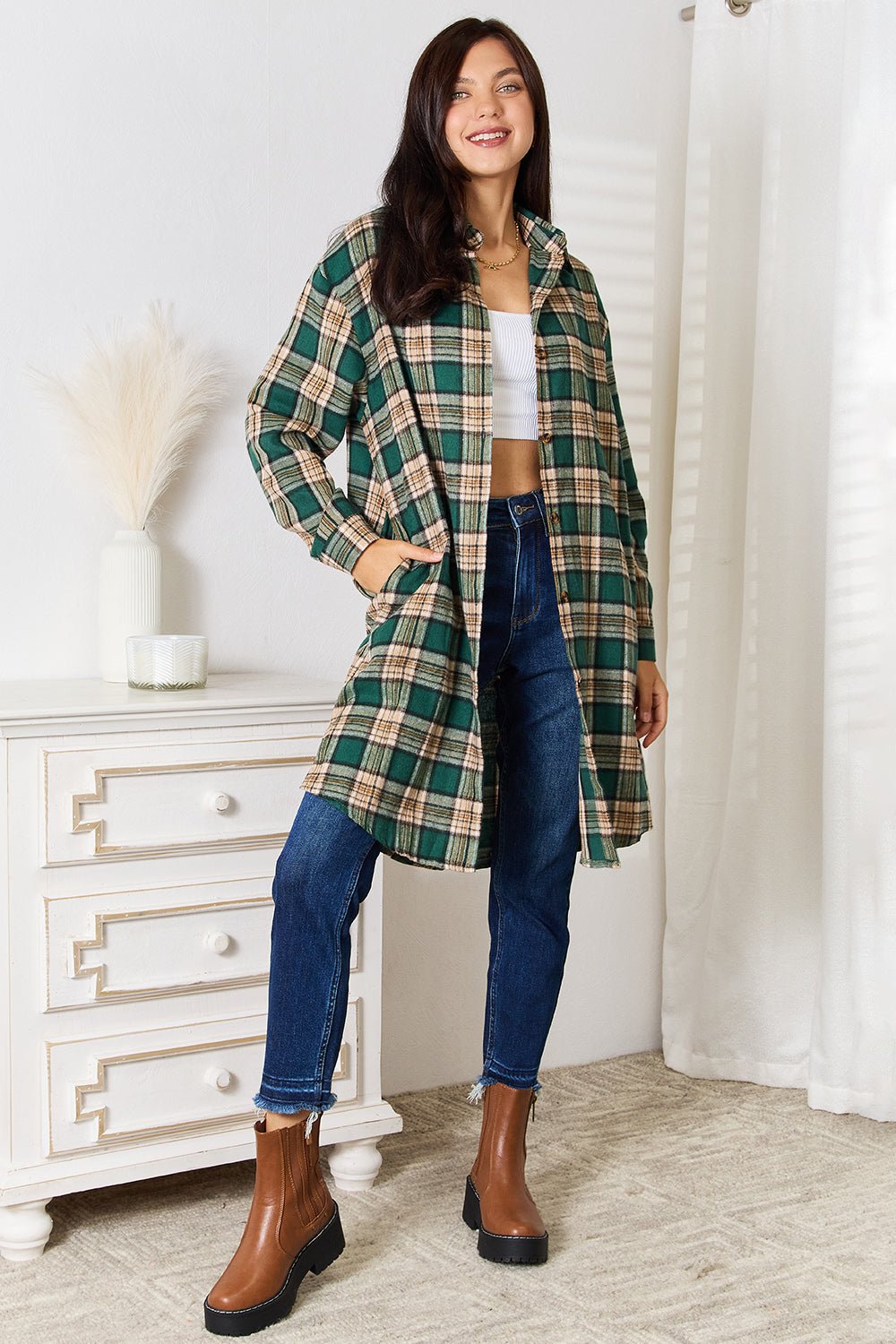 Mandy Plaid Collared Neck Long Sleeve Shirt - Dear Autumn