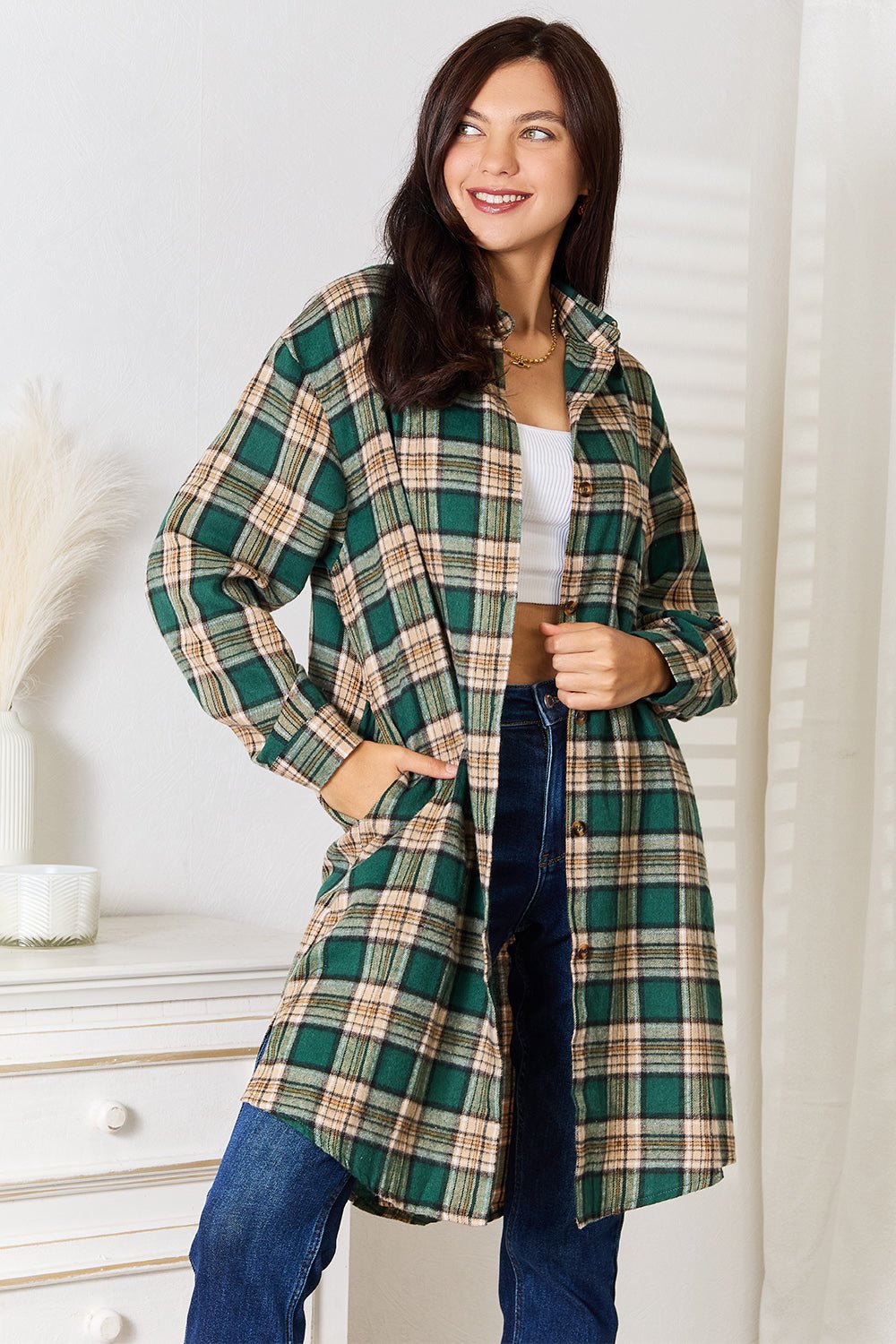 Mandy Plaid Collared Neck Long Sleeve Shirt - Dear Autumn