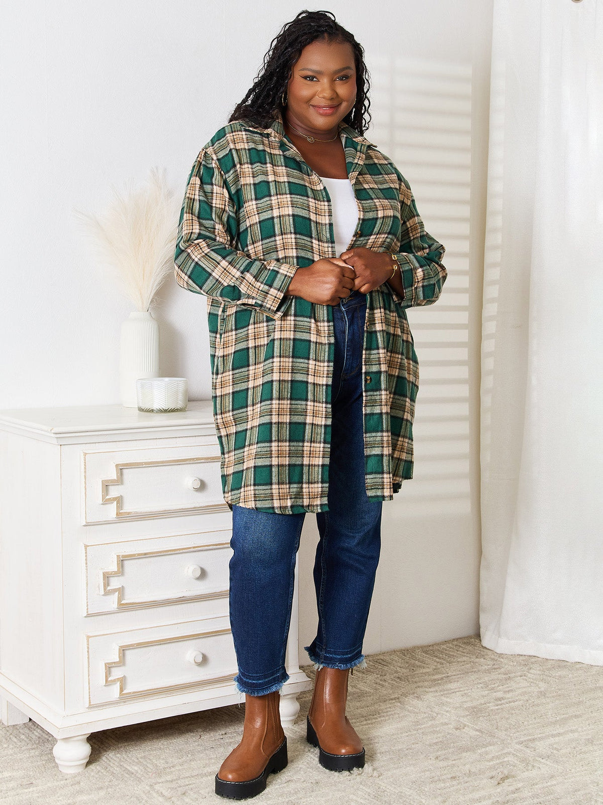 Mandy Plaid Collared Neck Long Sleeve Shirt - Dear Autumn