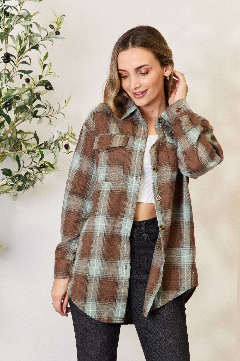 Mandy Plaid Dropped Shoulder Shirt - Dear Autumn