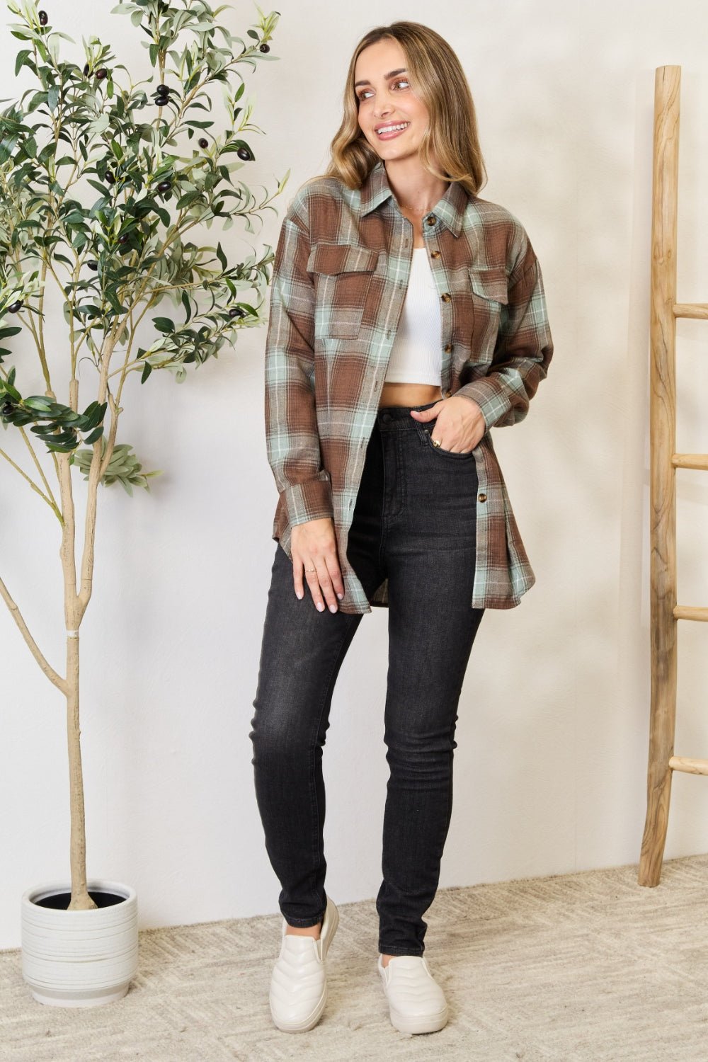 Mandy Plaid Dropped Shoulder Shirt - Dear Autumn