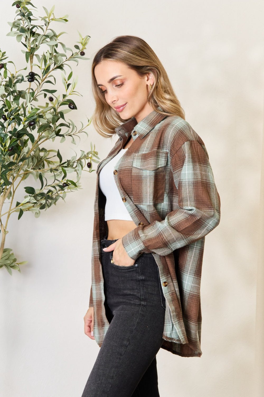 Mandy Plaid Dropped Shoulder Shirt - Dear Autumn