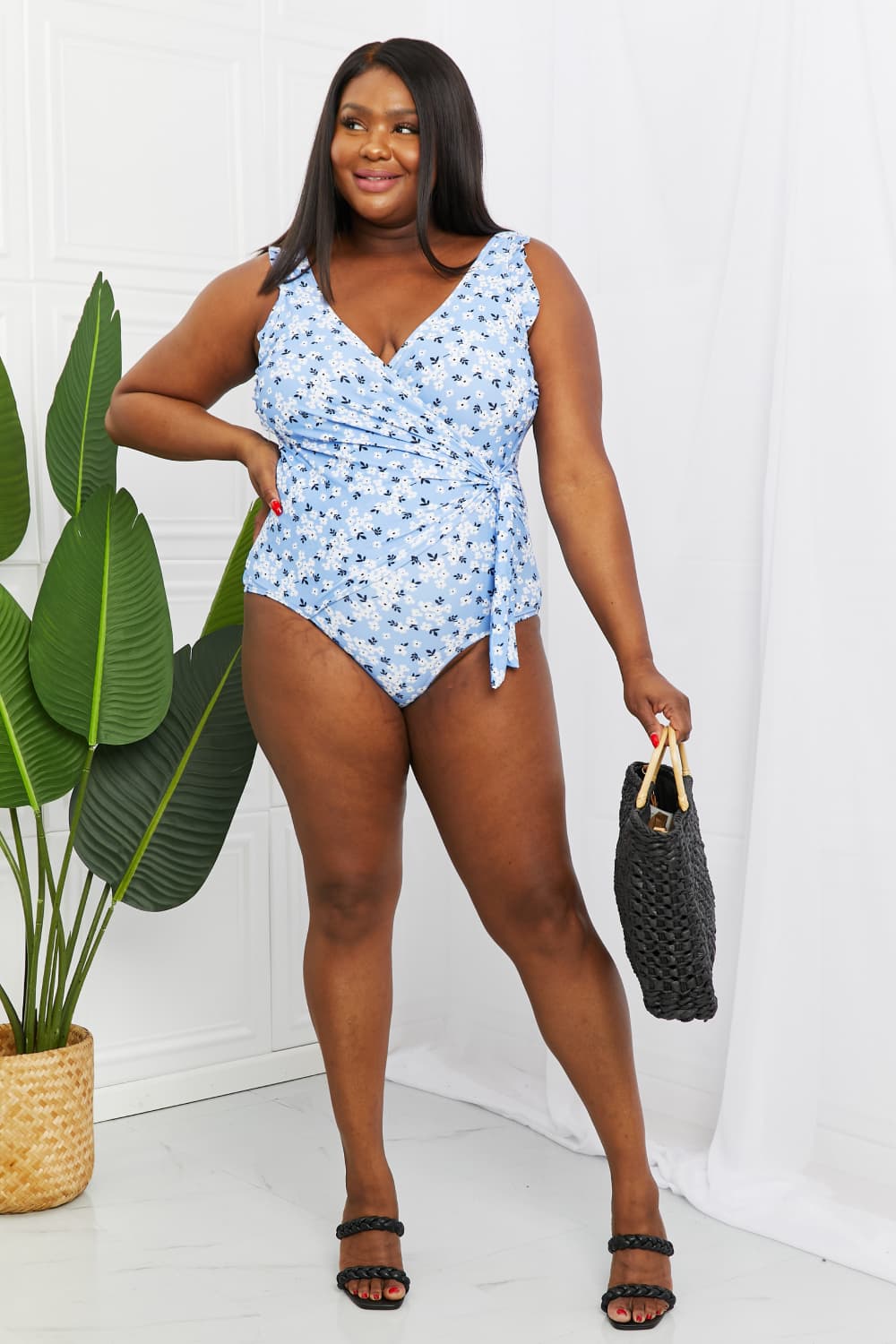 Marina West Swim Float On Ruffle Faux Wrap One - Piece in Blossom Blue - Dear Autumn