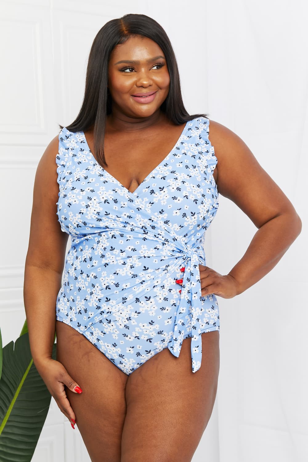 Marina West Swim Float On Ruffle Faux Wrap One - Piece in Blossom Blue - Dear Autumn