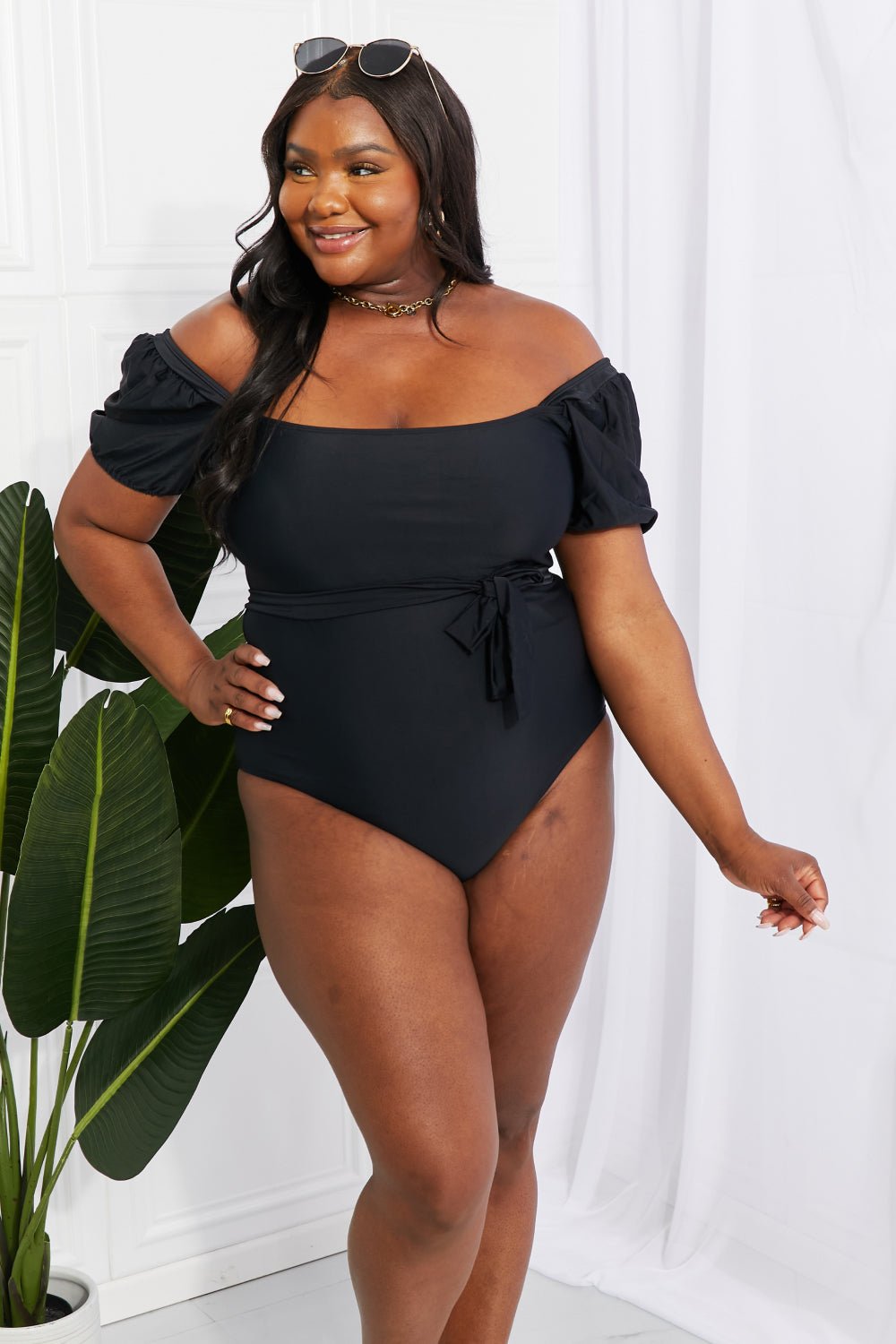 Marina West Swim Salty Air Puff Sleeve One - Piece in Black - Dear Autumn