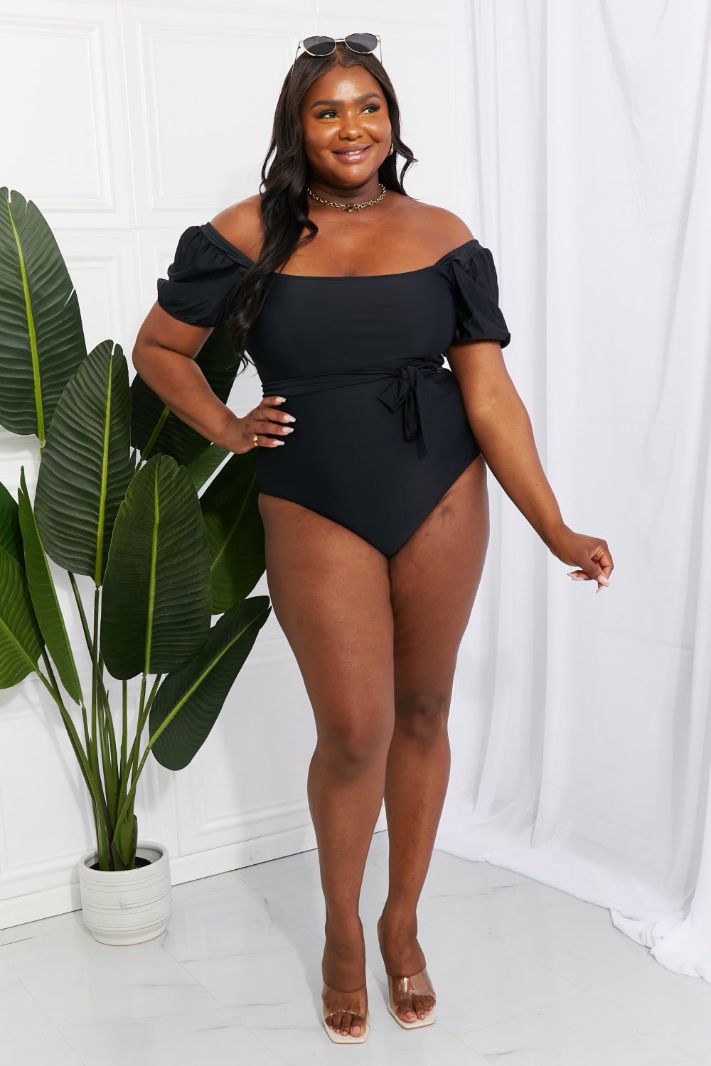 Marina West Swim Salty Air Puff Sleeve One - Piece in Black - Dear Autumn