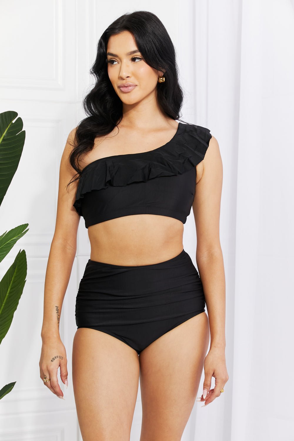 Marina West Swim Seaside Romance Ruffle One - Shoulder Bikini in Black - Dear Autumn