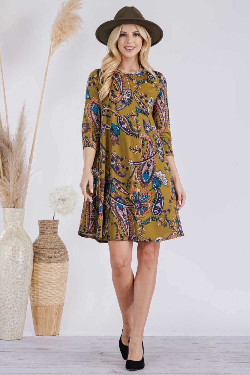 Paisley Print Round Neck Dress with Pockets - Dear Autumn