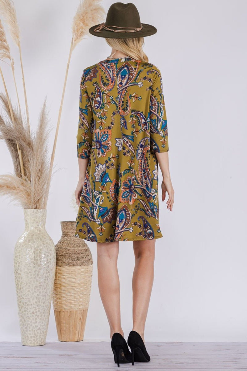 Paisley Print Round Neck Dress with Pockets - Dear Autumn