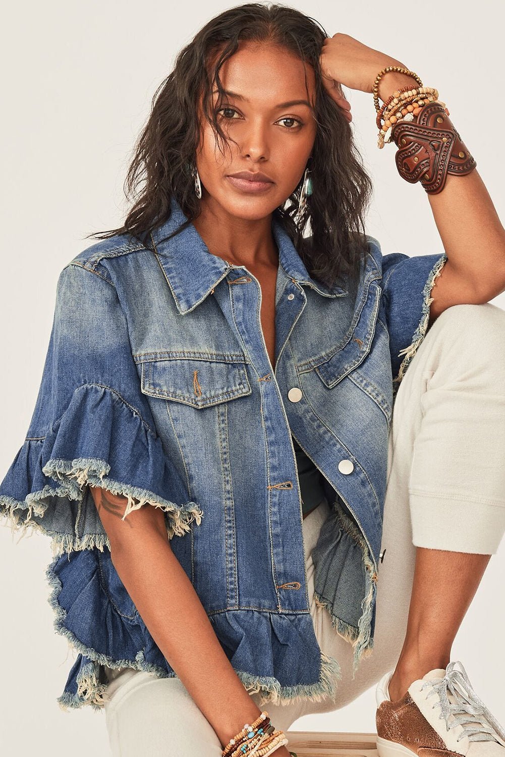 Peacock Blue Raw Edge Bell Short Sleeve Denim Jacket - Dear Autumn