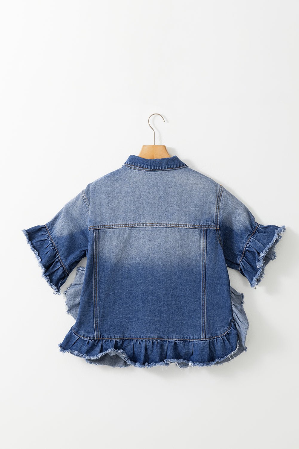 Peacock Blue Raw Edge Bell Short Sleeve Denim Jacket - Dear Autumn