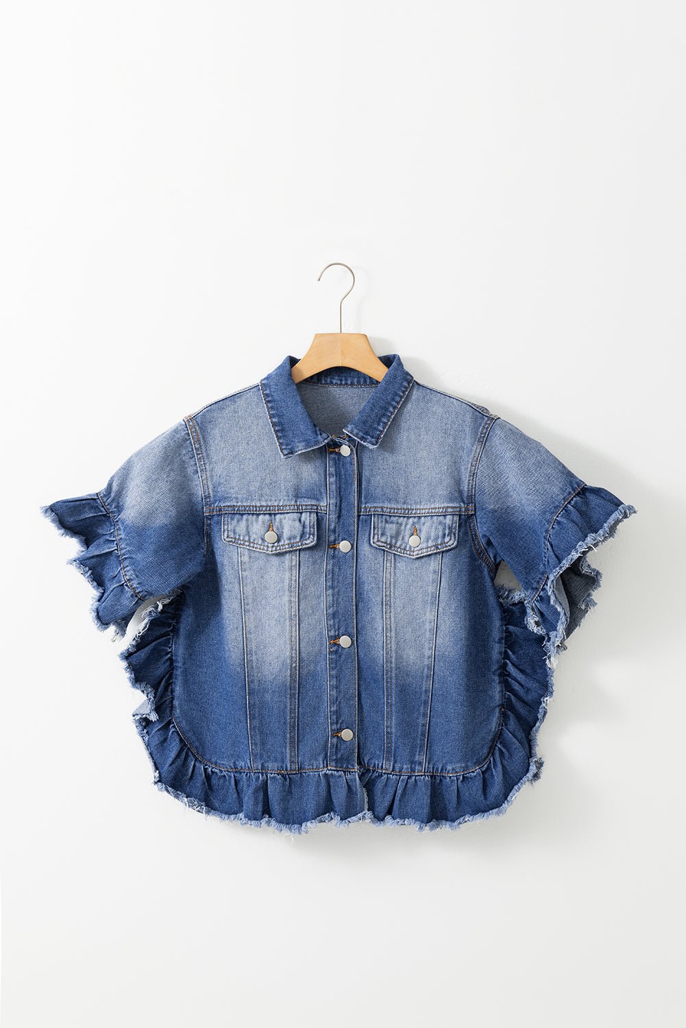 Peacock Blue Raw Edge Bell Short Sleeve Denim Jacket - Dear Autumn