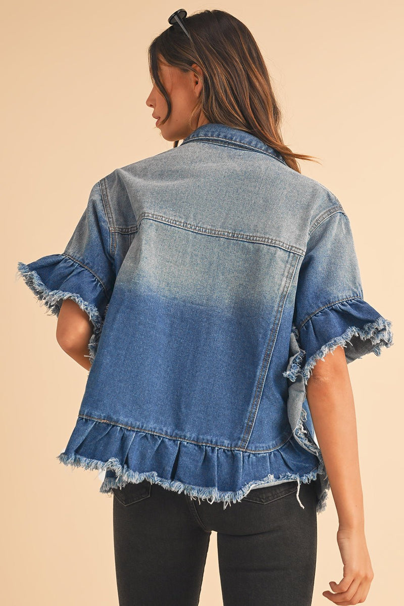 Peacock Blue Raw Edge Bell Short Sleeve Denim Jacket - Dear Autumn