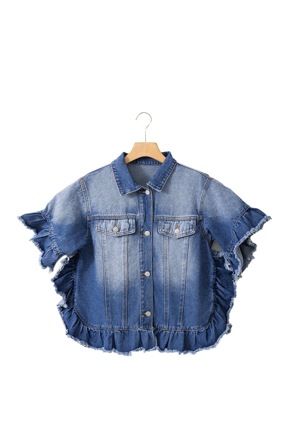 Peacock Blue Raw Edge Bell Short Sleeve Denim Jacket - Dear Autumn