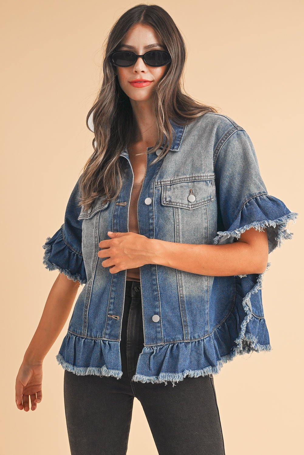 Peacock Blue Raw Edge Bell Short Sleeve Denim Jacket - Dear Autumn