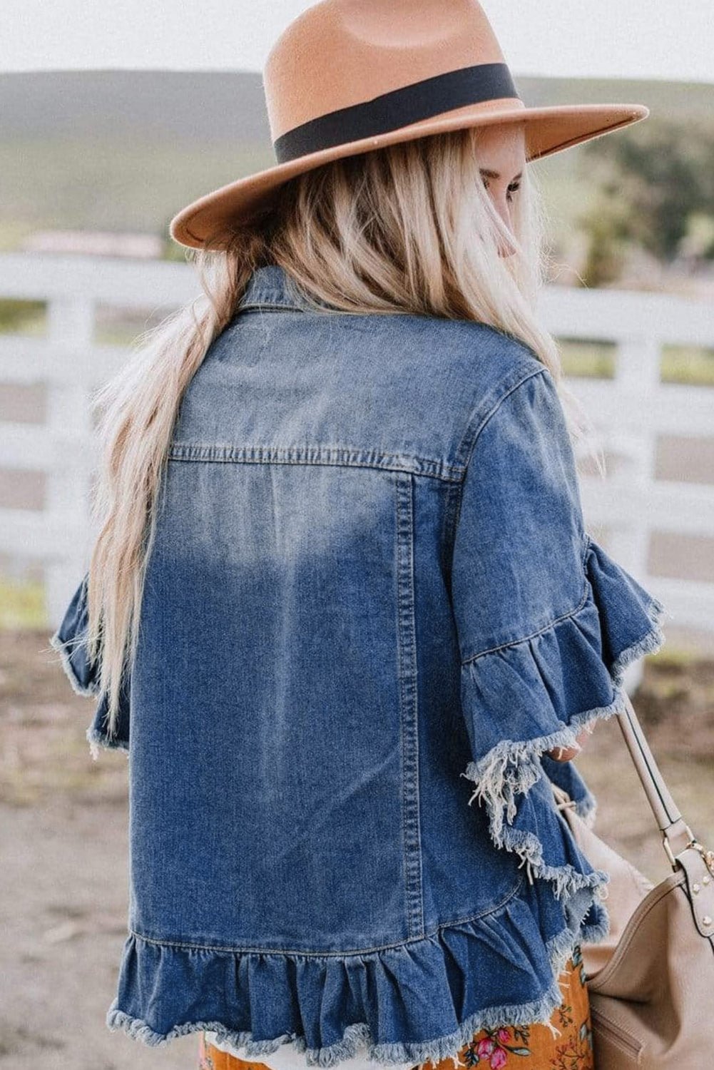 Peacock Blue Raw Edge Bell Short Sleeve Denim Jacket - Dear Autumn